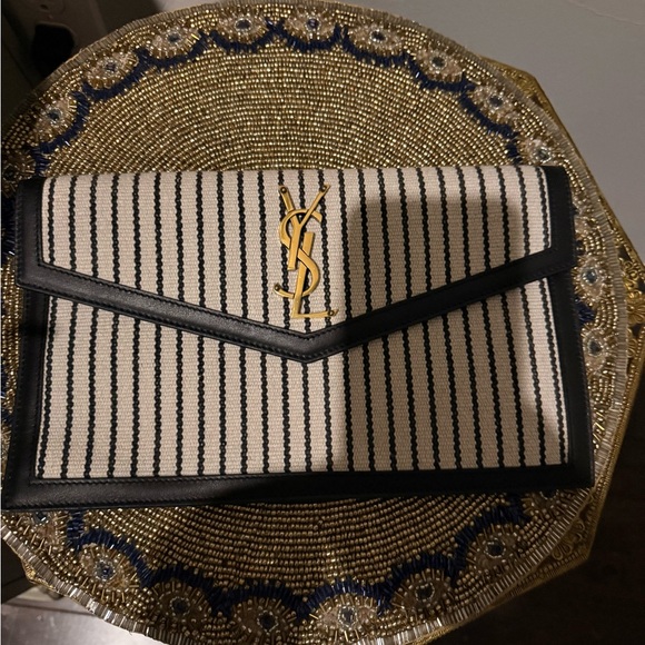 Yves Saint Laurent Uptown Canvas Striped Clutch Cream Black YSL Gold Hardware - Picture 11 of 14
